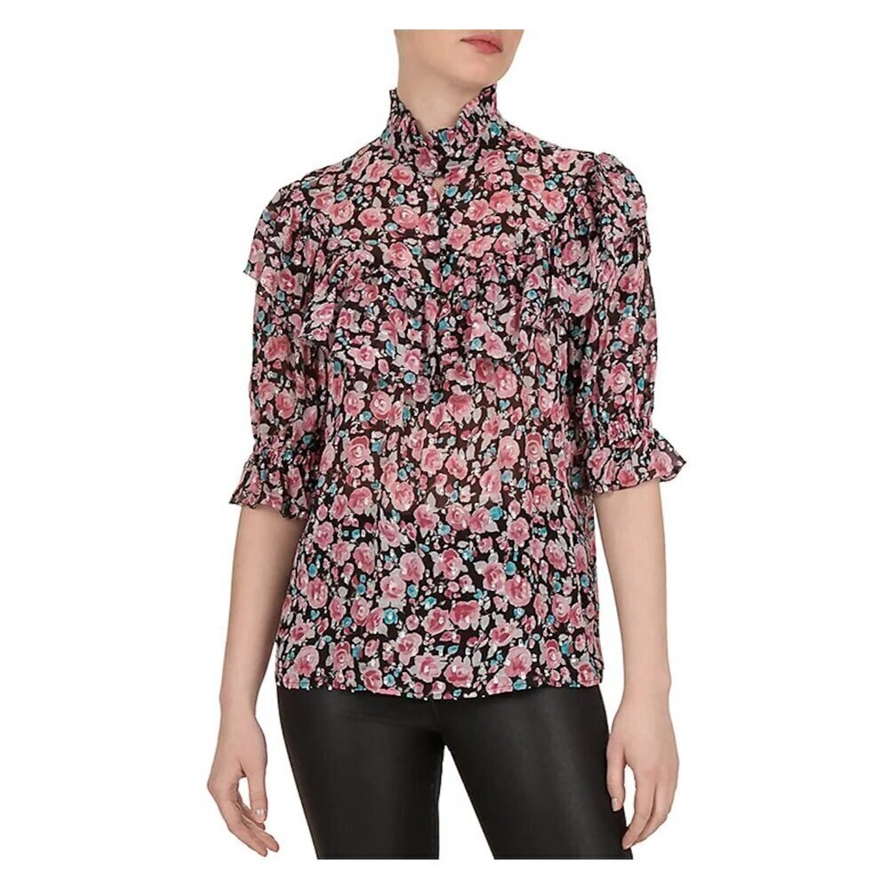 THE KOOPLES NWT Candy Flowers Lurex Ruffle‎ Silk Blouse Pink